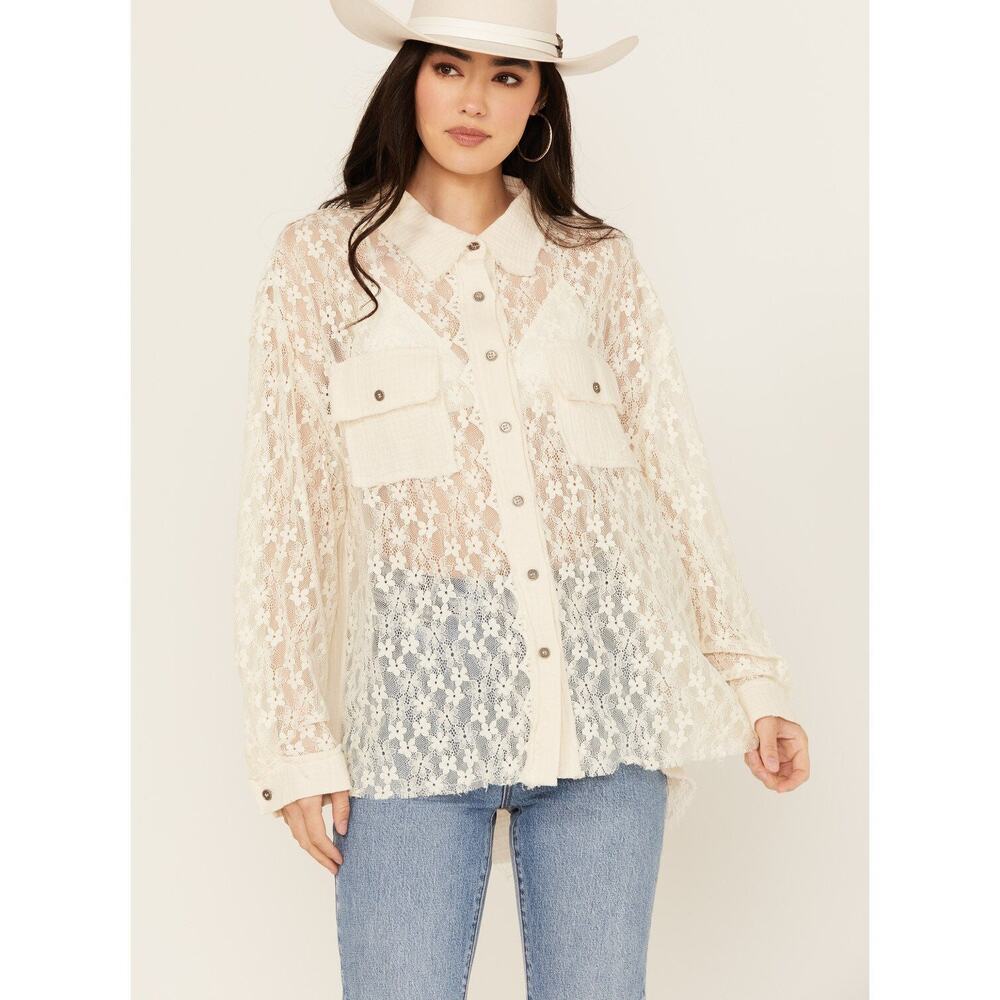 POL Sheer Floral Lace Oversized Button Down Blouse Large Ethereal Western Boho